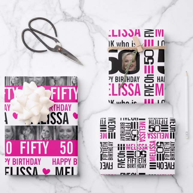 Feuille De Papier Cadeau Photos de 50e anniversaire noir blanc rose chaud (Recto)