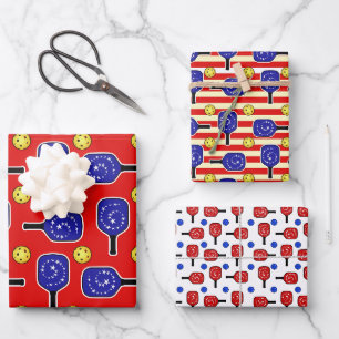 Feuille De Papier Cadeau Pickleball Blue Paddles Yellow Balls 4 juillet