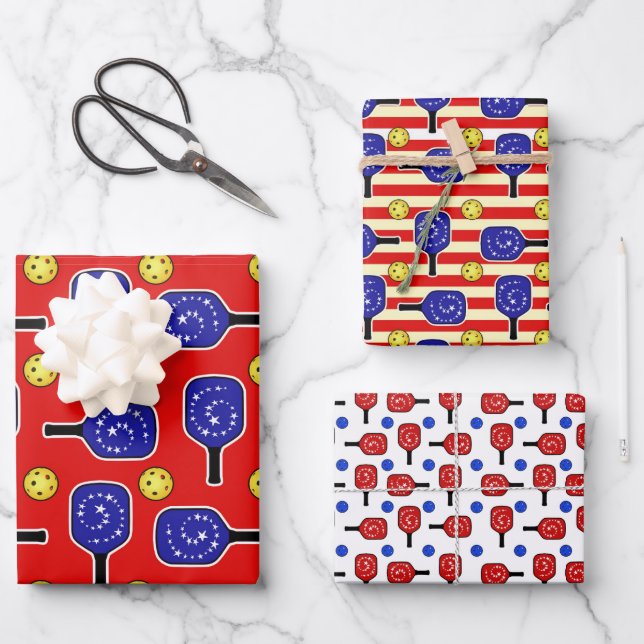 Feuille De Papier Cadeau Pickleball Blue Paddles Yellow Balls 4 juillet (Recto)
