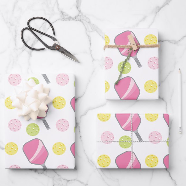 Feuille De Papier Cadeau Pickleball rose vert et jaune pagaie et balles (Recto)