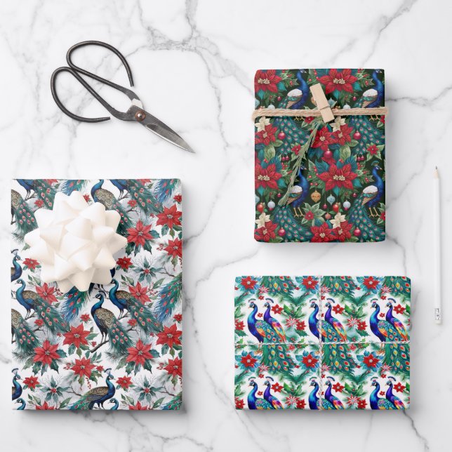 Feuille De Papier Cadeau Pics Et Poinsettias De Noël (Recto)