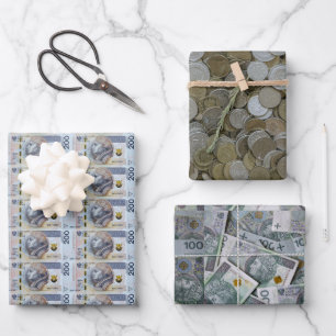 Feuille De Papier Cadeau Pièces de monnaie polonaise enveloppant des feuill