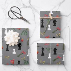 Feuille De Papier Cadeau Pièces d'échecs de Noël Jeu Motif gris