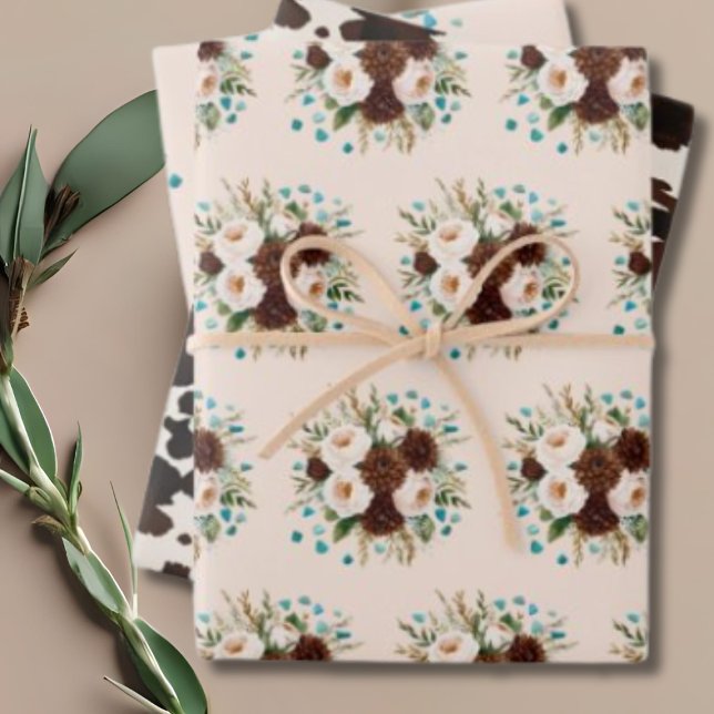 Feuille De Papier Cadeau Pierres Turquoise Fleur sauvage de Boho Western Ru (Western Rustic Boho Wildflower Turquoise Stones Wrapping Paper Sheets)