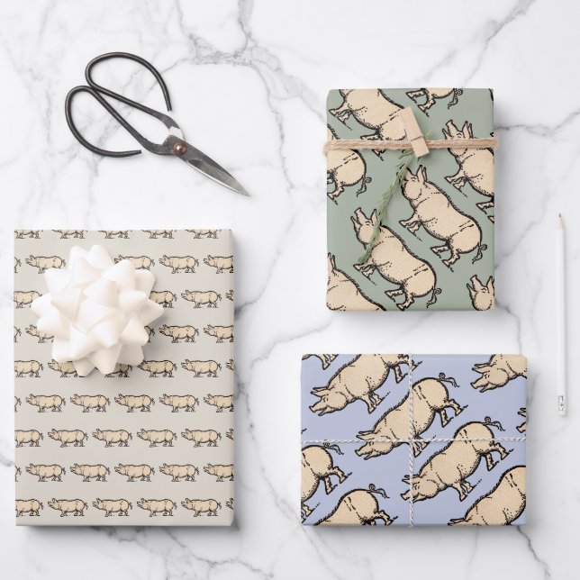 Feuille De Papier Cadeau Pig Antique Piggy Cute Illustration Vintage (Recto)
