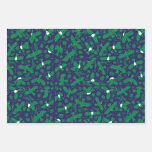 Feuille De Papier Cadeau Pigeons verts sur bleu