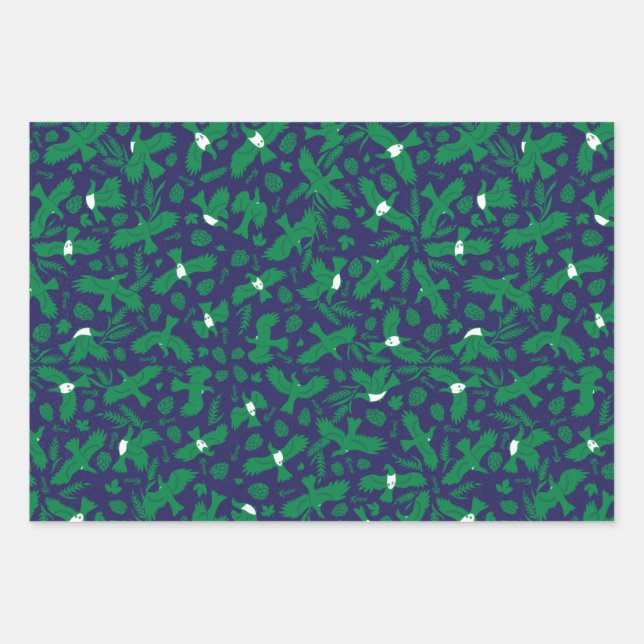 Feuille De Papier Cadeau Pigeons verts sur bleu (Devant)