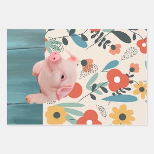 Feuille De Papier Cadeau Piglette mignonne et Fleurs gaies