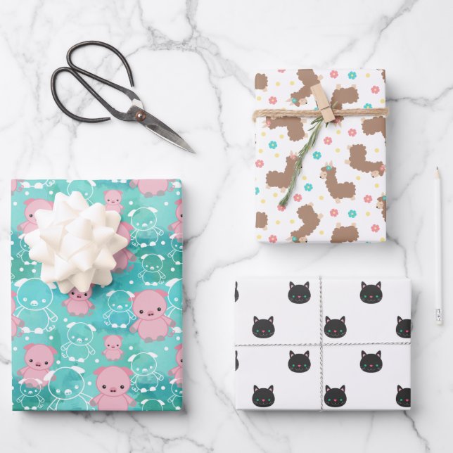 Feuille De Papier Cadeau Pigs Llamas Chats Cute Motifs animaux mélangés (Recto)