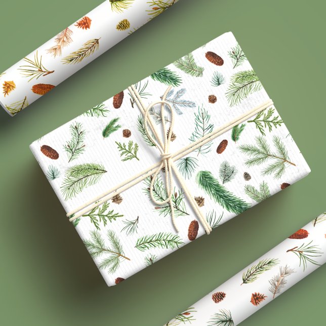 Feuille De Papier Cadeau Pin À feuillage persistant rustique Aquarelle Noël (Créateur téléchargé)