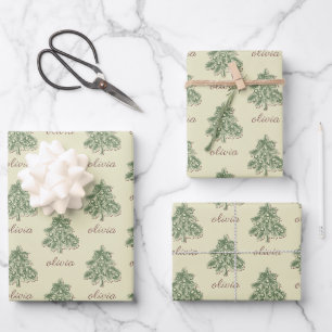 Feuille De Papier Cadeau Pin de Noël Vintage Arbre & Nom personnalisé