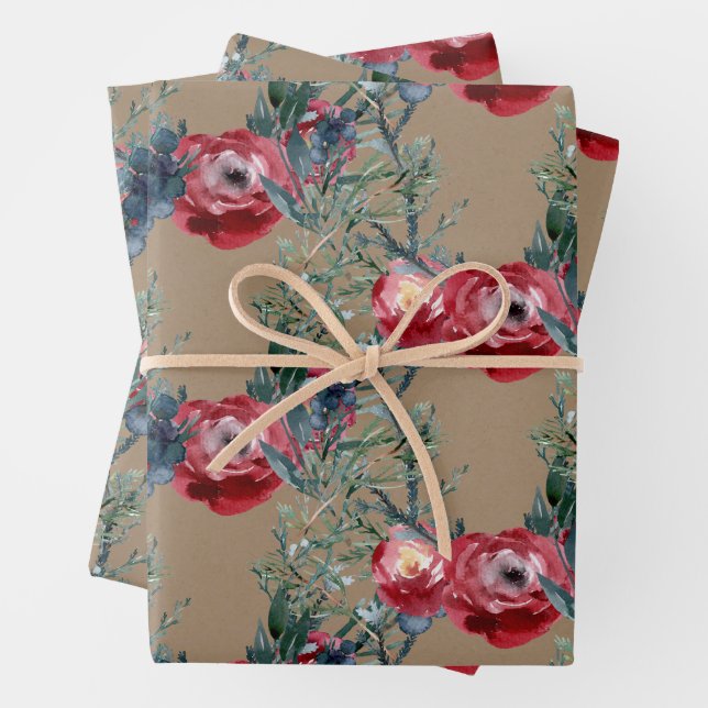 Feuille De Papier Cadeau Pin Rustique Rose Kraft & Trellis vert épinette (En situation)