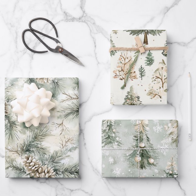 Feuille De Papier Cadeau Pine Cones Green Cream Christmas Trees Snowflakes (Recto)