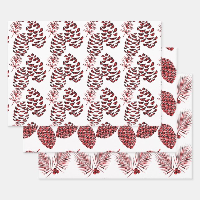 Feuille De Papier Cadeau Pine cônes Rouge et noir Buffle plaqué (Lot)