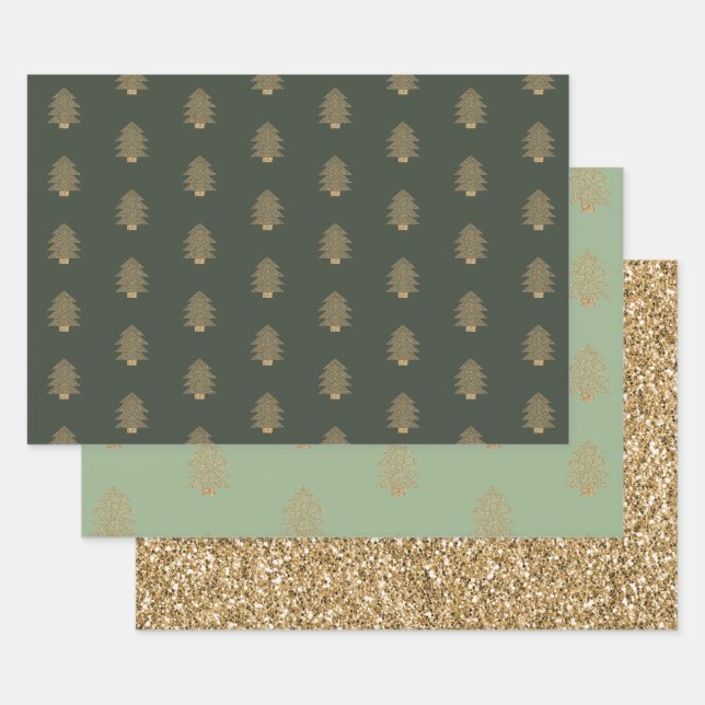 Feuille De Papier Cadeau Pine Green Gold Glitzy Parties scintillant Arbres  (Lot)