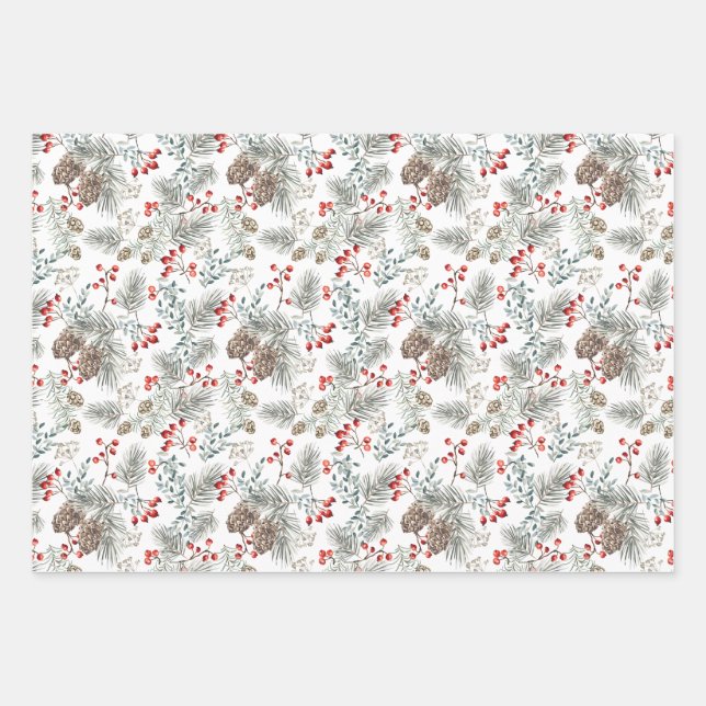 Feuille De Papier Cadeau Pine Pine Cones Baies rouges Noël (Devant)