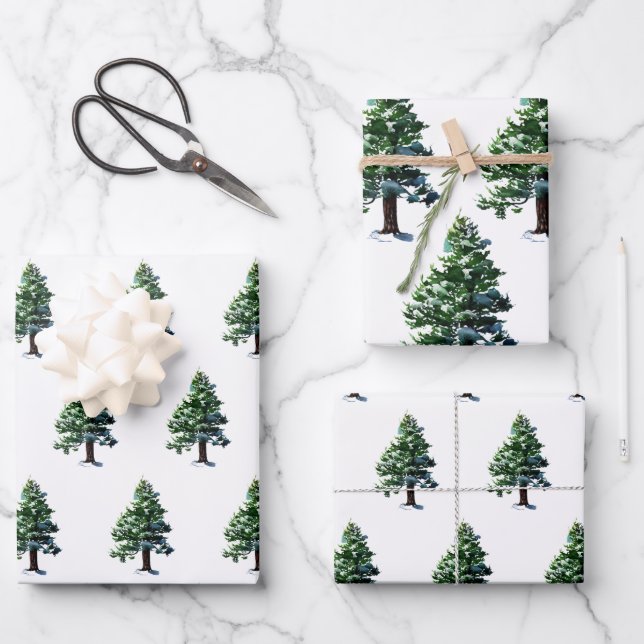 Feuille De Papier Cadeau Pine Tree avec neige Noël Motif (Recto)