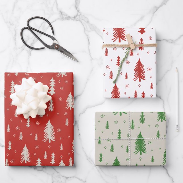 Feuille De Papier Cadeau Pine Tree Snowflake Doodé Rouge Beige Vert Trio (Recto)