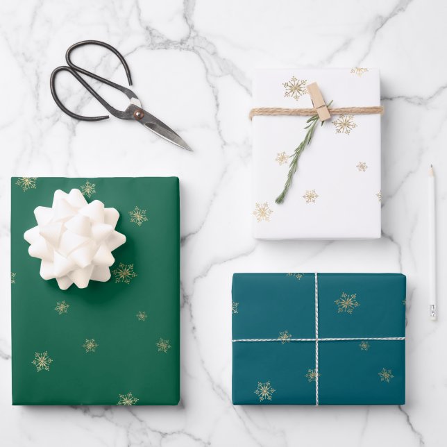 Feuille De Papier Cadeau Pine Vert Turquoise Noël Gold Fluts de neige (Recto)