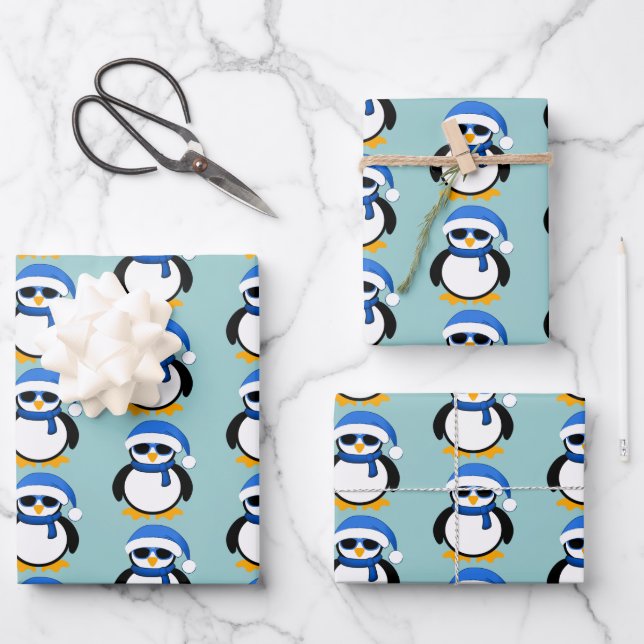 Feuille De Papier Cadeau Pingouin cool de Noël motif d'hiver bleu (Recto)
