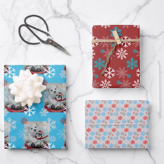 Feuille De Papier Cadeau Pingouin de Whimsical et Ours Polaire Aquarelle Ar (Recto)