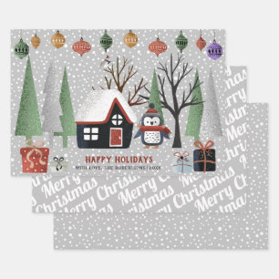 Feuille De Papier Cadeau Pingouin d'hiver, Joyeux Noël et flocons de neige