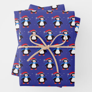 Feuille De Papier Cadeau Pingouin hivernal neige