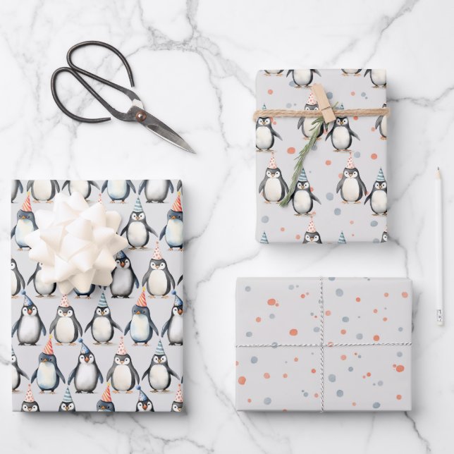 Feuille De Papier Cadeau Pingouins de fête, aquarelle, anniversaire d'enfan (Recto)