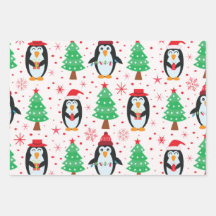 Feuille De Papier Cadeau Pingouins de Noël avec Motif Pine Trees