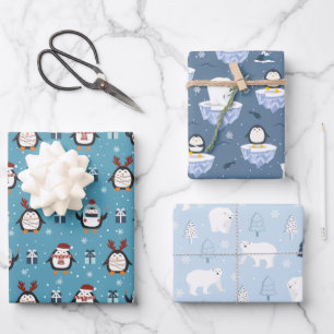 Feuille De Papier Cadeau Pingouins de Noël et ours carrelés