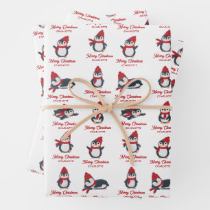 Feuille De Papier Cadeau Pingouins d'hiver Joyeux Noël Nom personnalisé