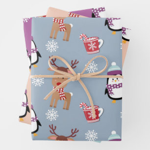 Feuille De Papier Cadeau Pingouins et rennes de Noël