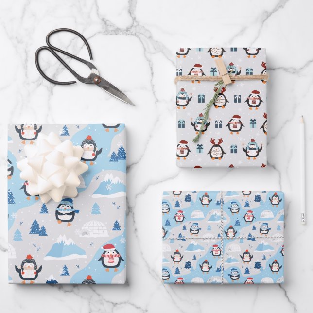 Feuille De Papier Cadeau Pingouins mignons (Recto)