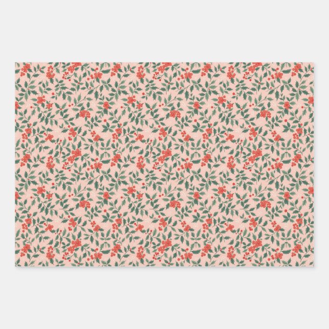 Feuille De Papier Cadeau Pink and Holly Christmas Wrapping Paper (Devant)