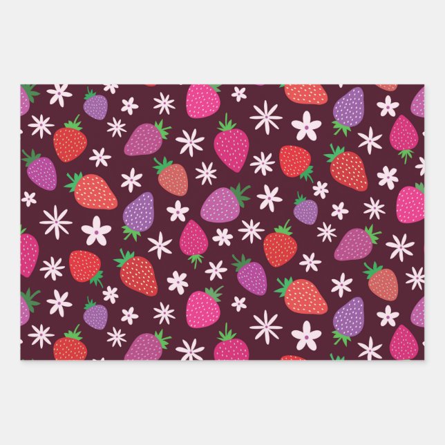 Feuille De Papier Cadeau Pink and red strawberry pattern floral  (Devant)