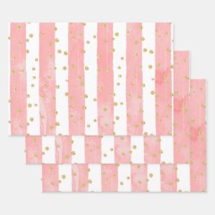 Feuille De Papier Cadeau Pink Blush Stripes with Faux Gold Confeti