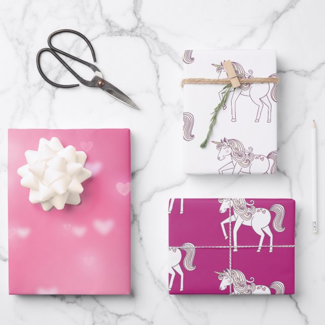 Feuille De Papier Cadeau Pink Bokeh Hearts Unicorn Anniversaire (Recto)
