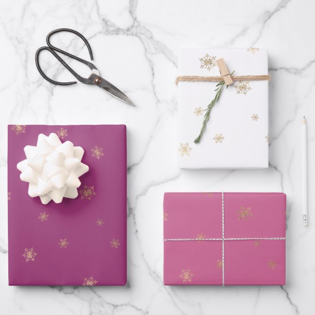 Feuille De Papier Cadeau Pink Boysenberry Christmas Gold Snowflakes (Recto)