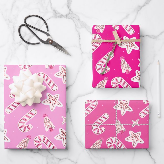 Feuille De Papier Cadeau Pink Christmas- Candy Canes, Stars & Trees Pattern (Recto)