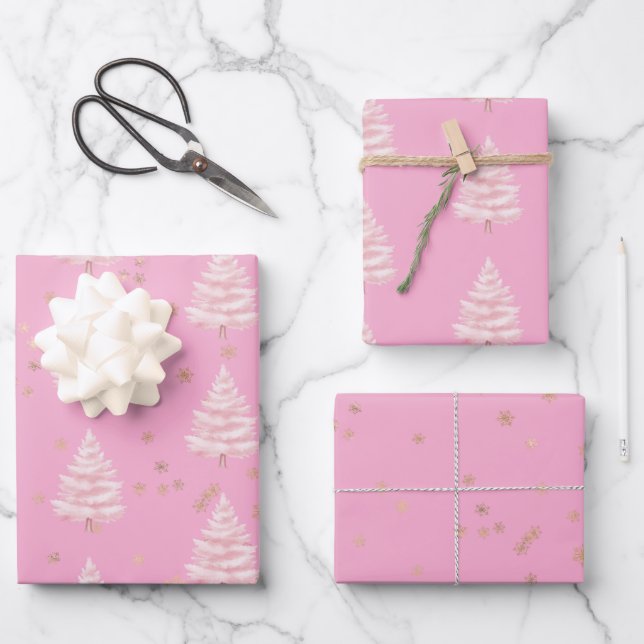 Feuille De Papier Cadeau Pink Christmas Tree Gold Snowflakes (Recto)