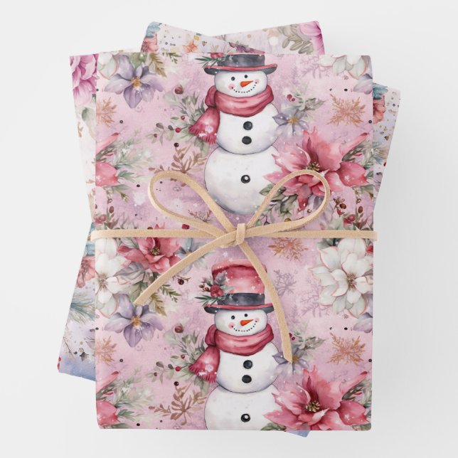 Feuille De Papier Cadeau Pink Christmas Winter Snowmen Floral Aquarelle (En situation)