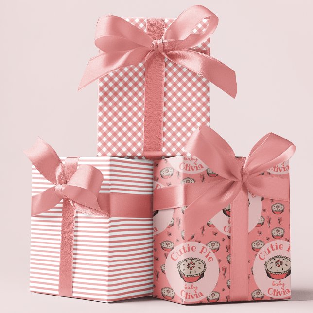 Feuille De Papier Cadeau Pink Cutie Pie Baby Girl (Cutie Pie Fall Baby Shower Wrapping Paper in Watermelon Pink. Cute Pies & Hearts, Stripes & Gingham)