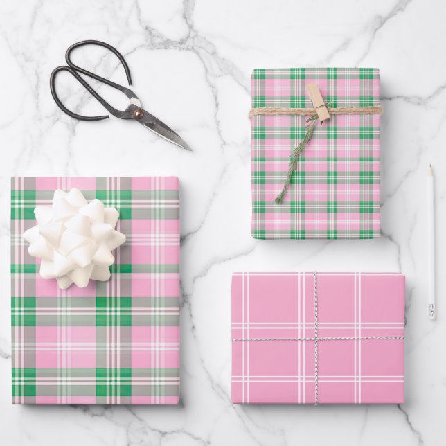 Feuille De Papier Cadeau Pink et vert preppy Plaid (Recto)