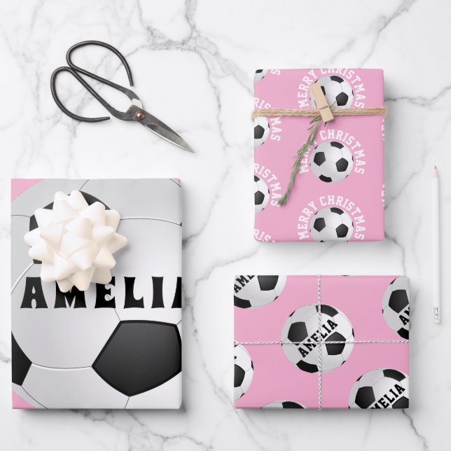 Feuille De Papier Cadeau Pink Football Balls Enfants Nom Noël (Recto)