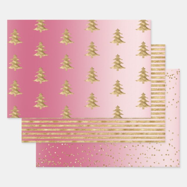 Feuille De Papier Cadeau Pink Ombre Gold Stripes Arbres de Noël Confetti (Lot)