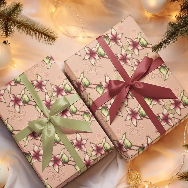 Feuille De Papier Cadeau Pink Poinsettia Diagonal Stripe Noël (Pink Poinsettia Diagonal Stripe Christmas Wrapping Paper)