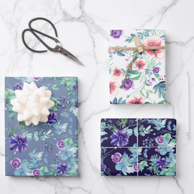 Feuille De Papier Cadeau Pink Purple Anemones Spring Fête des mariées extér (Recto)