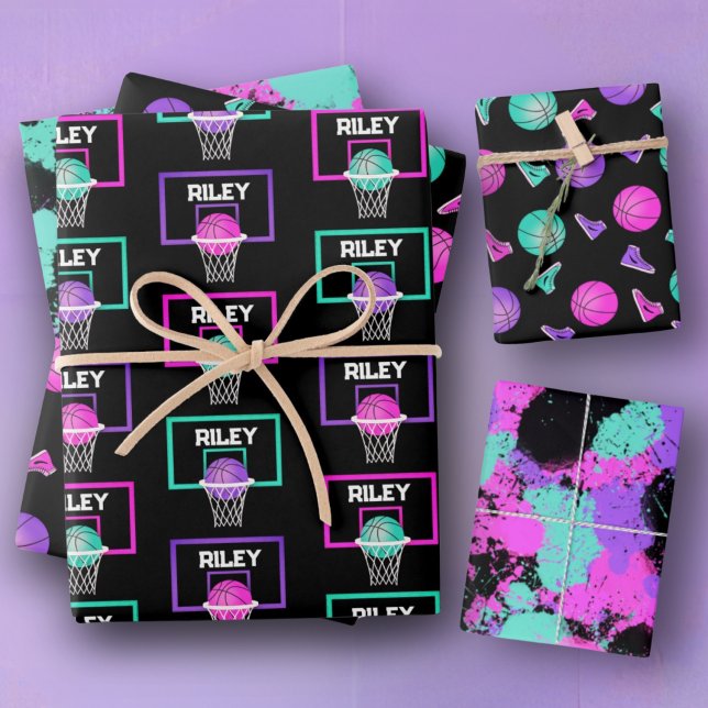 Feuille De Papier Cadeau Pink Purple Turquoise Basketball Paint Splatt Nom (Créateur téléchargé)