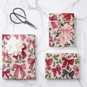 Feuille De Papier Cadeau Pink Red Vintage Bows Noël