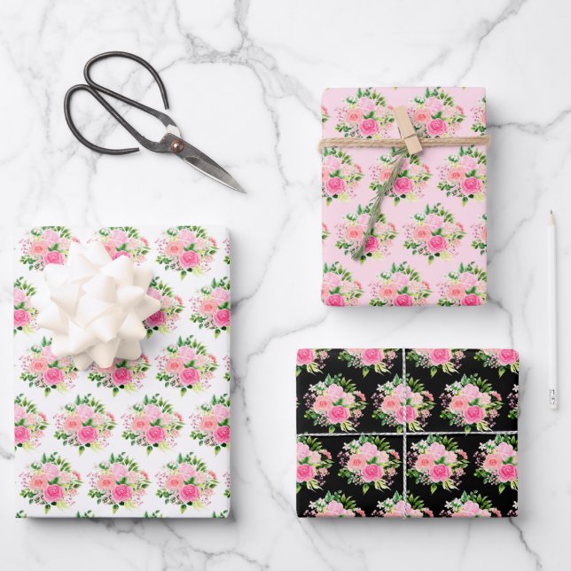 Feuille De Papier Cadeau Pink Roses Flowers and Greenery (Recto)